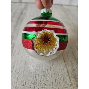 Vintage radko shiny Brite indent red glitter green ball ornament reflector silve